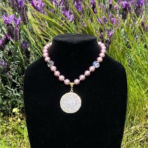 Pink and Gold Necklace with Intricate Pendant
